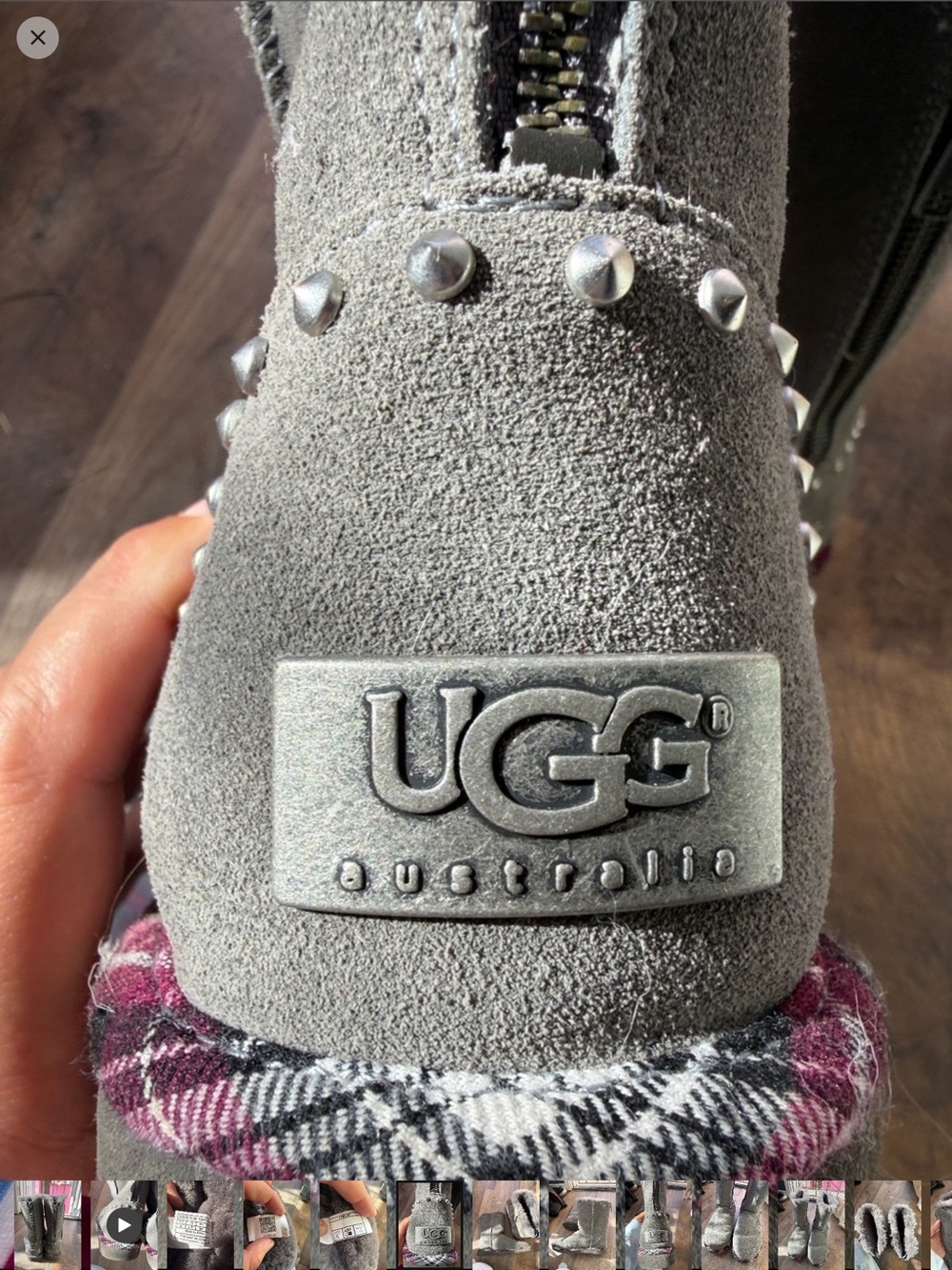 UGG PRELOVED! Gray Suede Zip-Back Shearling Boots with Plaid Trim - Picture 5 of 5